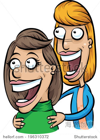 two cartoon woman friends with big, happy smiles.