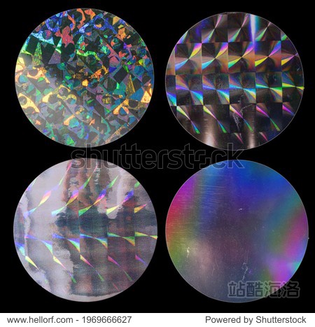 cool round metallic holo stickers on black with scratches  sticky holographic iridescent color foil tapes or snips for your design poster  sticker set.