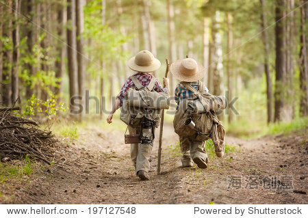 two boys go hiking with backpacks on a forest road bright sunny