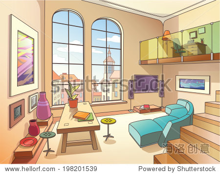 双层结构的光室内舒适的客厅充满了绘画和其他艺术品在阳光明媚的一天