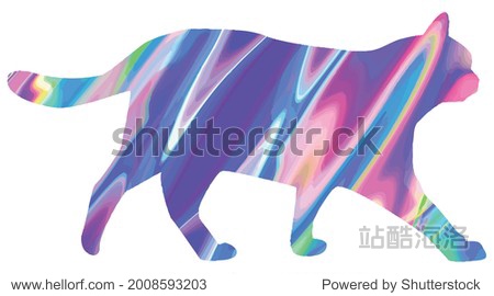 Holographic Walking Cat Silhouette Illustration. 