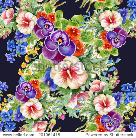 floral colorful mallow flowers pattern on dark blue background