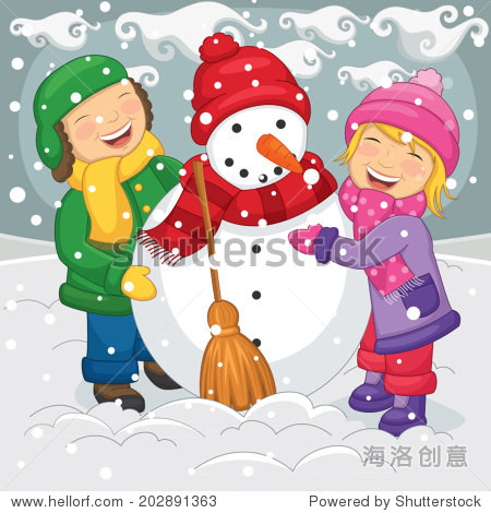 vector illustration of kids making snowman - 站酷