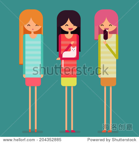 Three tall funny girls are chatting. Blond girl stays woman with dark hair pats white cat girl with short pink hair eats ice cream. Flat vector character illustration.