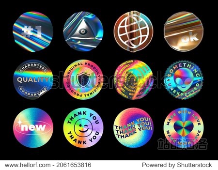 Iridescent holographic foil stickers. Holo emblems  round original and quality guaranteed labels. Textured foiled circles vector illustration set
