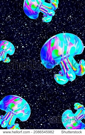 Minimalistic stylized collage wallpaper. 3d creative holography jelly fish in cosmic space