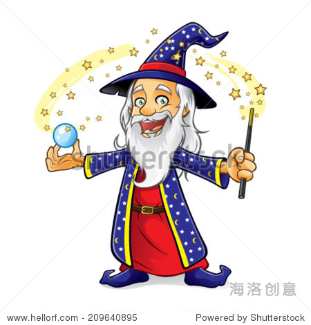 wizard is holding a crystal ball as he waved his magic wand and