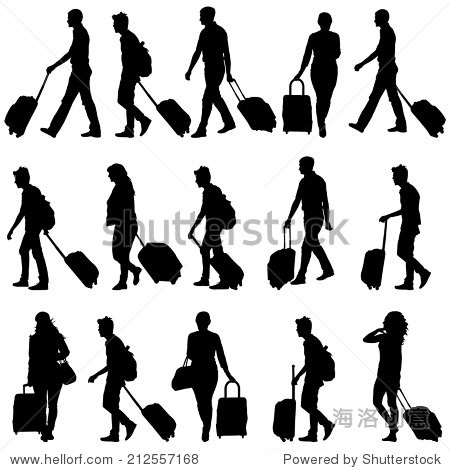 blacksilhouettestravelerswithsuitcasesonwhitebackgroundvector