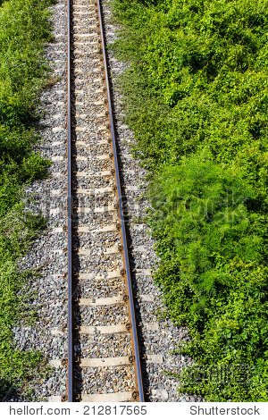 view above the railroad tracks with grass growing on the side.