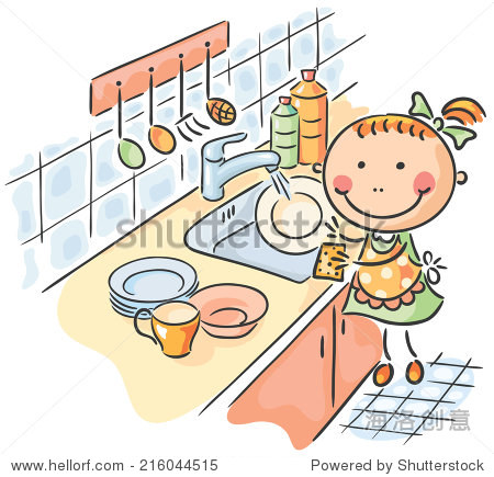 little girl helping her mother to wash the dishe