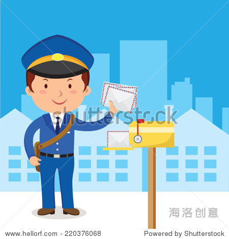 postman. friendly postman in blue uniform with bag and letters.