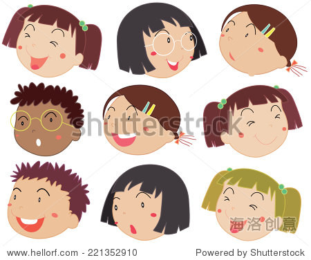 说明不同面部表情的男孩和女孩