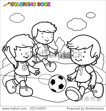 black and white outline image of three little boys playing