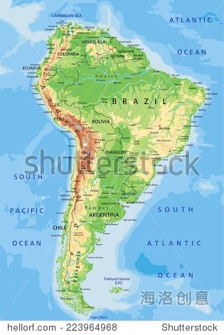 high detailed south america physical map with labeling.