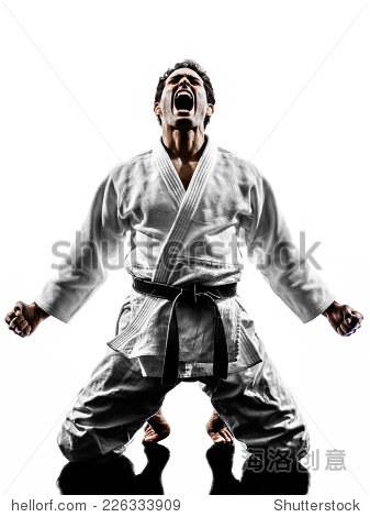 one judoka fighter man in silhouette on white background