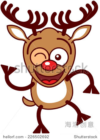 cute brown reindeer with big antlers and red nose while raising