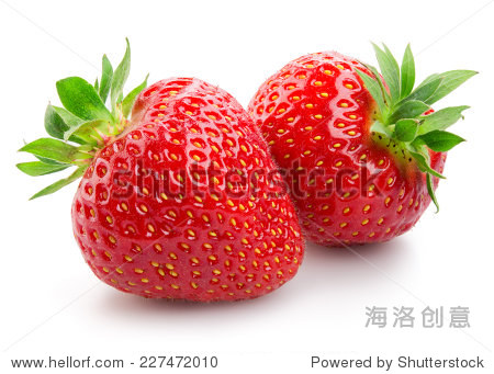 two strawberries close up on white background