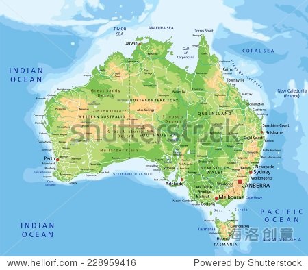 high detailed australia physical map with labeling.
