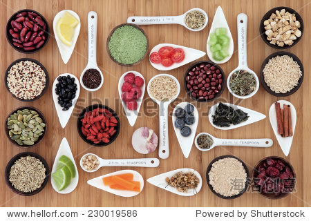 weight loss and diet super food selection in bowls and measuring