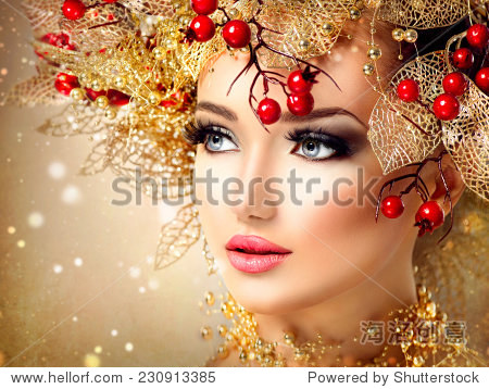 christmas winter fashion model girl with golden ha