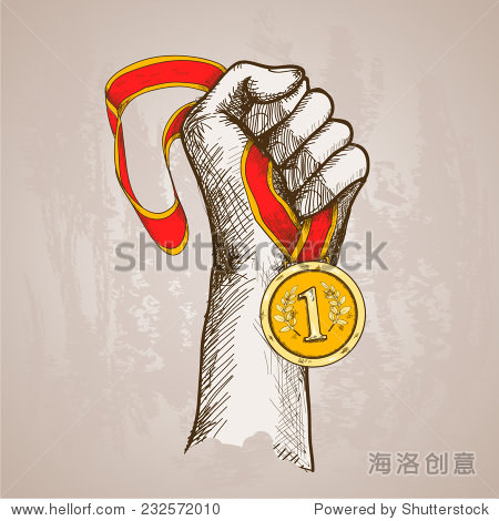 hand holding golden medal champion prize winner reward sketch