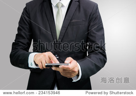 businessman standing posture hand hold phone isolated on over