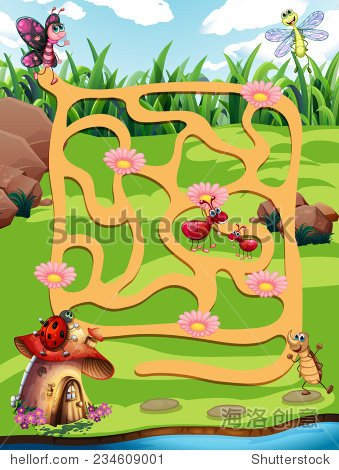illustration of a maze game with insects background
