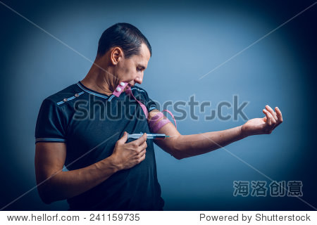 the man of european appearance addict injected with a syringe in