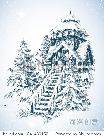 冬季自然,松树和房子在雪地里素描
