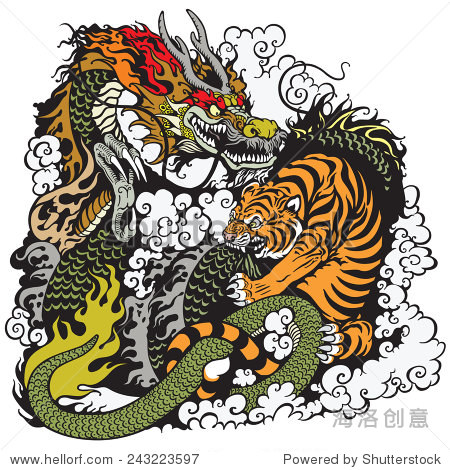 dragon and tiger fighting , illustration