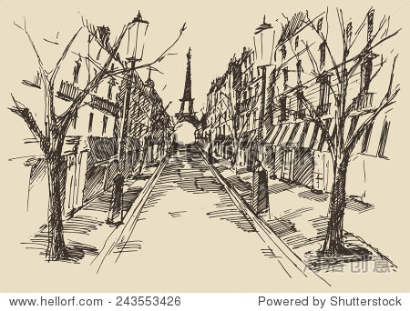 streets in paris, france, vintage engraved illustr