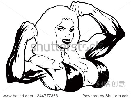 muscle girl with big breast shows double biceps,illustration