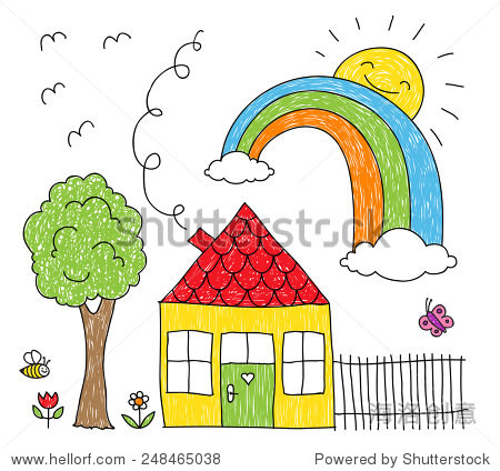 childish doodle of a rainbow over a little house and a tree