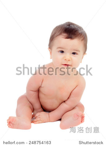 adorable six month baby in diaper isolated on white background