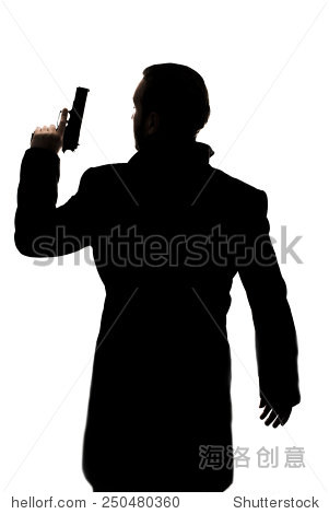 one action hero mans silhouette with a handgun.