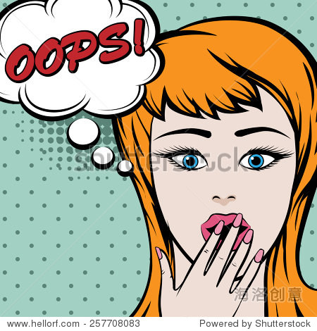 pop art cute woman with oops sign.