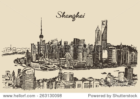 shanghai city architecture (china) vintage engraved
