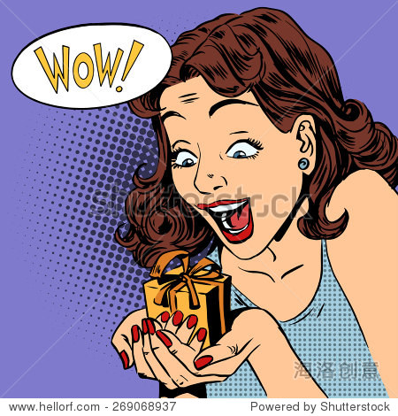 the woman is glad to get a gift wow pop art comics retro style
