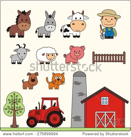 animals farmer tractor and house isolated on white background