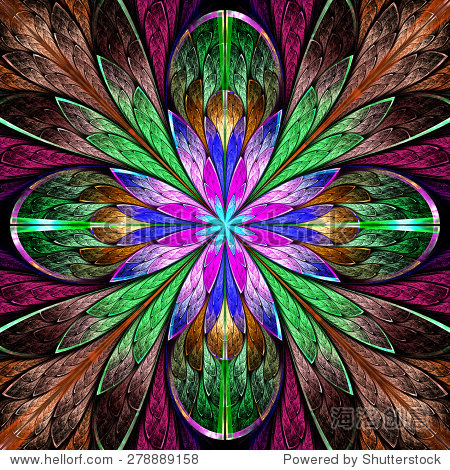 multicolored symmetrical fractal flower in stained-glass window