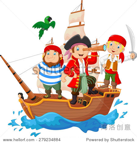 cartoon little pirate was surfing the ocean