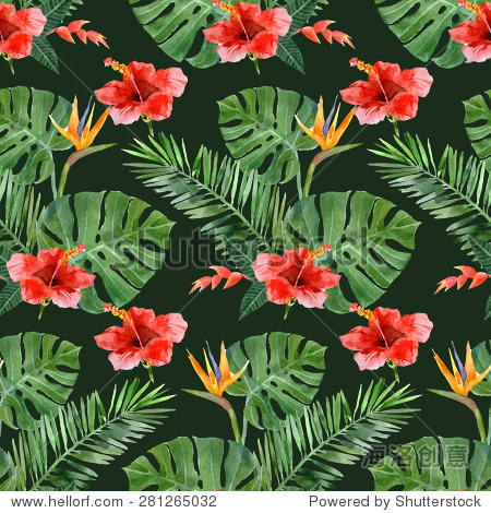 hand drawn watercolor tropical plants seamless