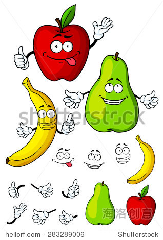 fresh healthy colorful cartoon pear, apple and banana fruits