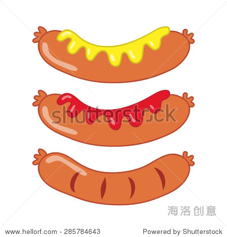 cartoon sausages illustration set: with mustard ketchup and