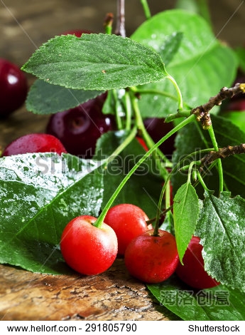 fresh cherries with leaves on the old wooden table, selective