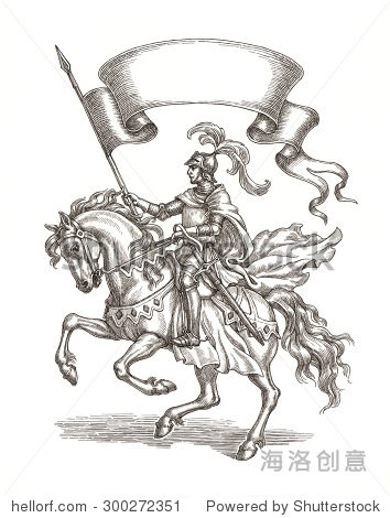 Original ink and pen drawing knight on a horse 
