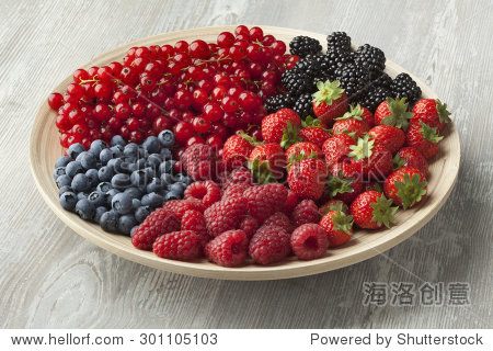 summer fruit on a plate,blueberries,strawberries,red currants