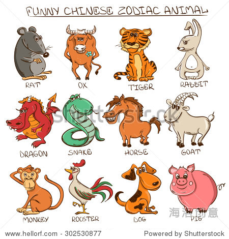 set of twelve isolated funny chinese zodiac animals signs