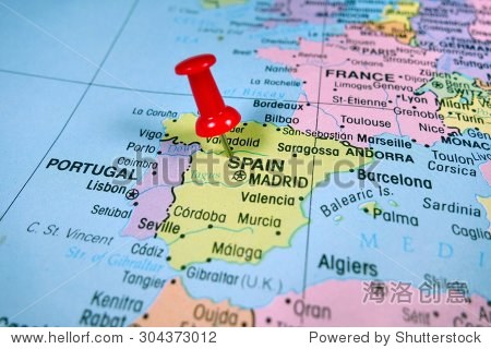 pushpin marking on  spain map