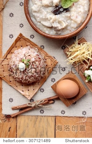 brown rice porridge put pork and brown rice with soft-boiled egg